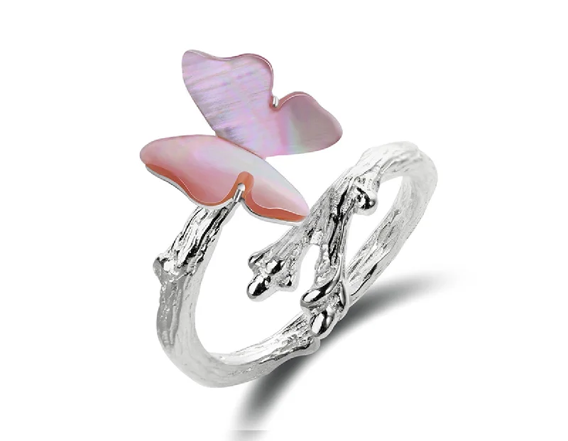 Fine pearl rings-Butterfly On Branch Ring