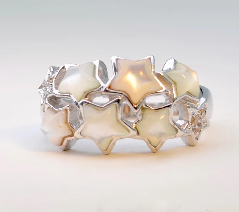 Tight clasp rings-Mother-of-Pearl Stars and Diamond Ring in 14K White Gold