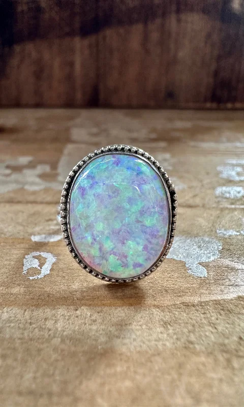 Glossy enamel rings-OPAL SUN BEAM Sterling Silver and Lab Opal Ring • Size 7.5