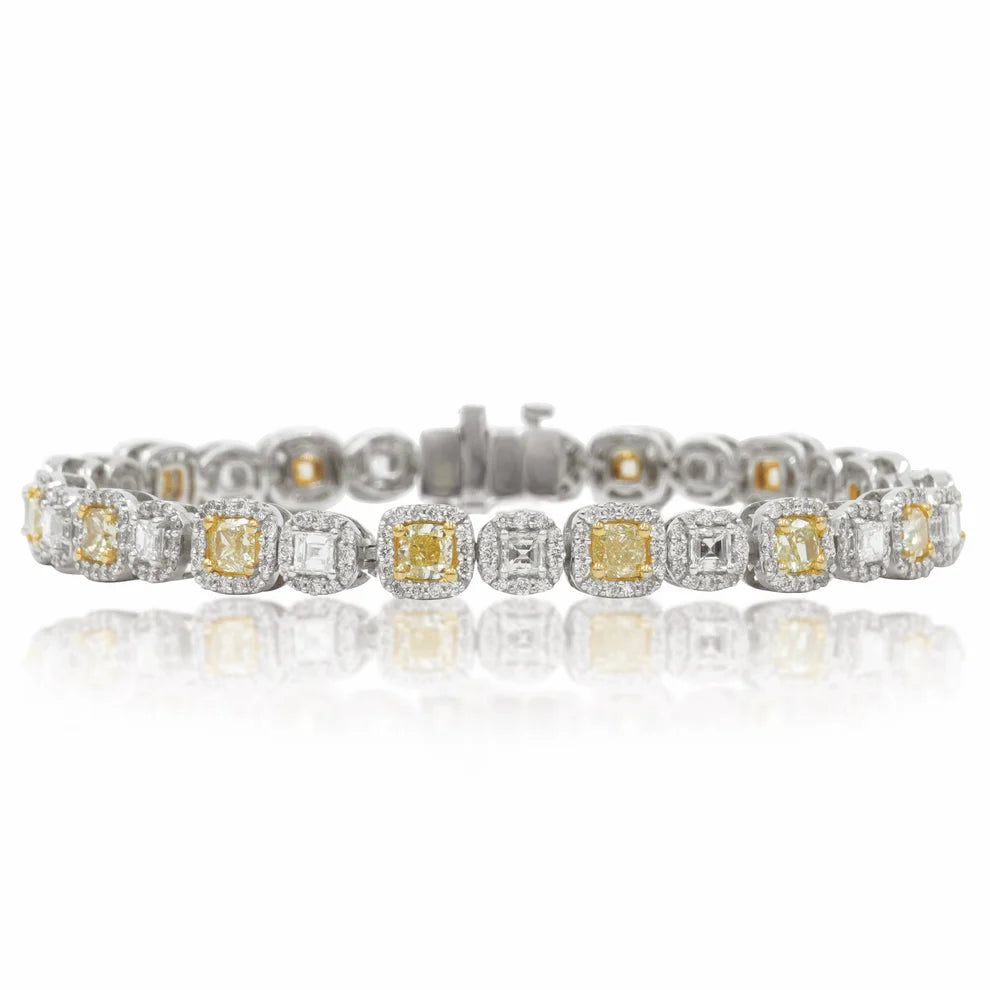 Solid chain bangles-Novalee 8 Carat Cushion Cut Fancy Yellow & White Diamond Bracelet in 14K White Gold