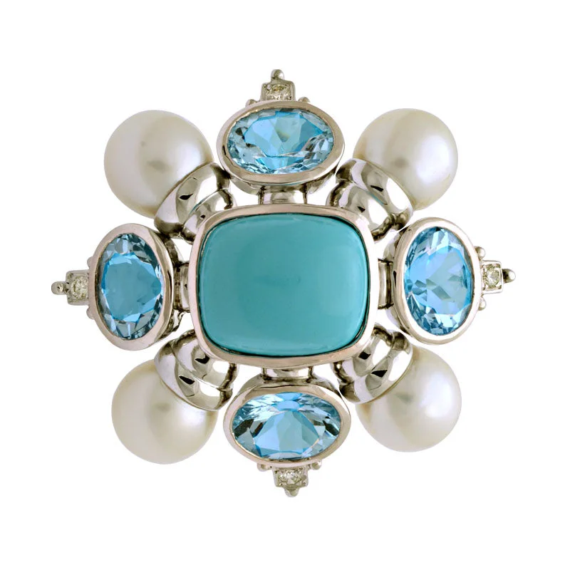 Spinel accent brooch-Brooch-Turquoise, Blue Topaz, South Sea Pearl and Diamond