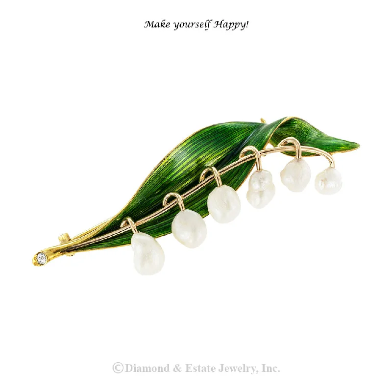 Alloy design brooch-Marcus & Co Lily of The Valley Enamel Gold Pearl Brooch