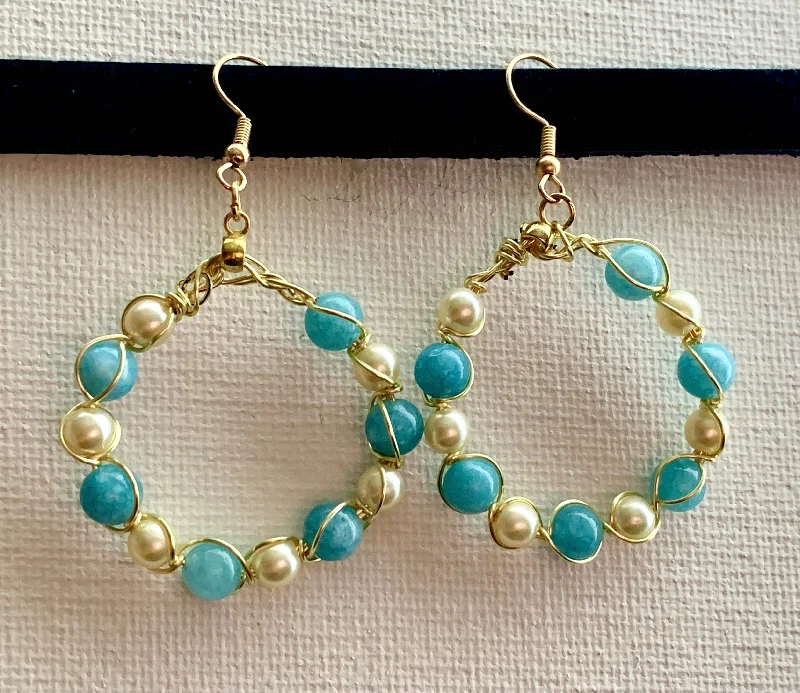 Aged charm earrings-Hali- Handcrafted Genuine Aquamarine and Cultured Pearl Hoop Earrings