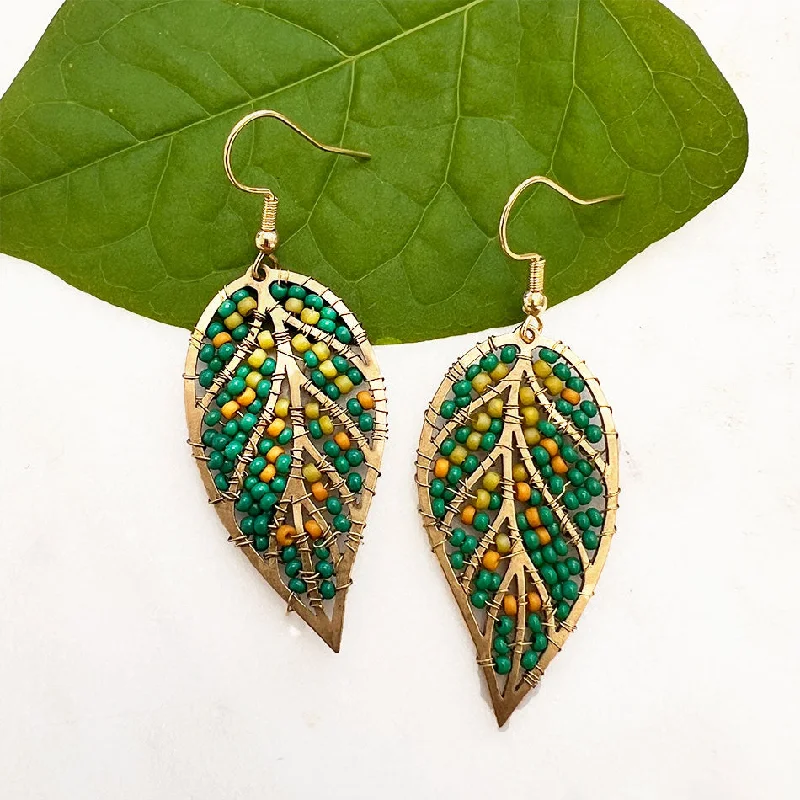 Dove feather earrings-Beaded Leaf Earrings - Green, Guatemala