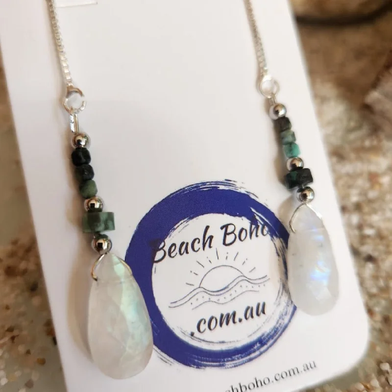 GREEN MOON - 925 STERLING SILVER THREAD TURQUOISE & MOONSTONE EARRINGS