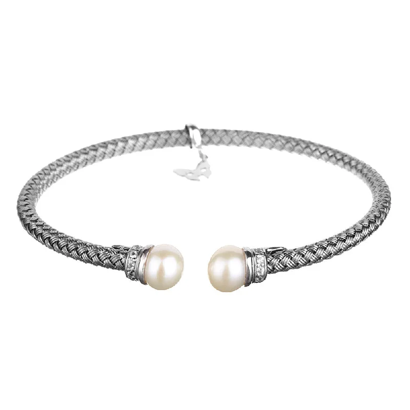 Polished silver bangles-Oxidised Pearl Bracelet