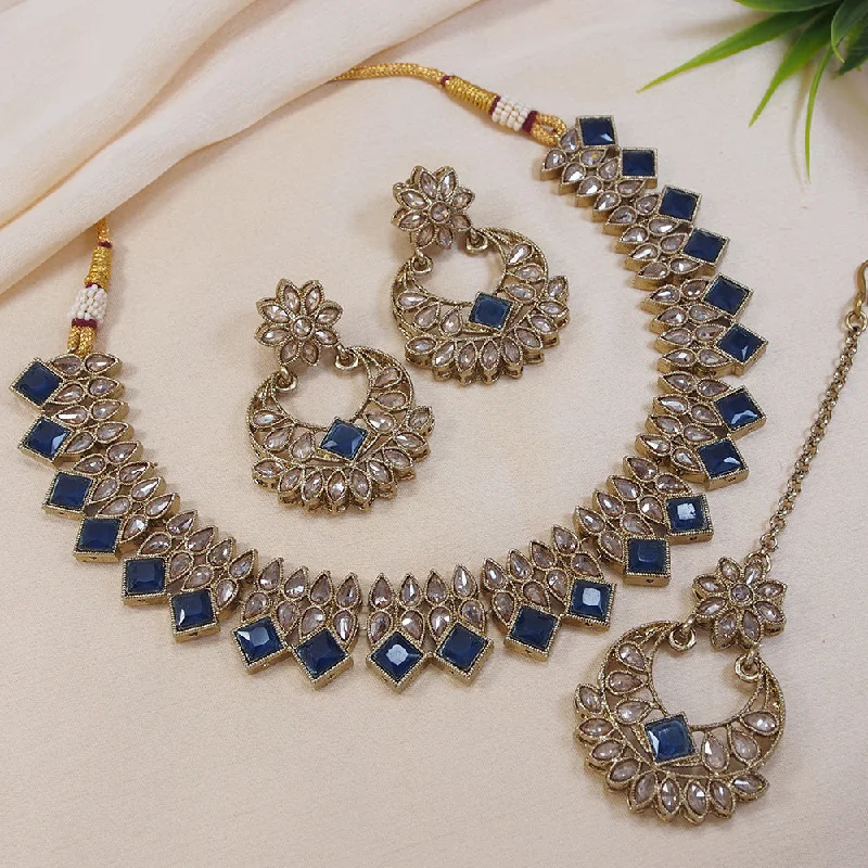 Sapphire stone necklaces-LALSO Stunning Montana  Gold plated AD/Zircon Work Necklace Jewelry Set With Maangtika