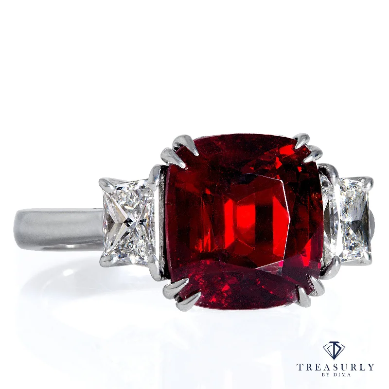 Glossy finish rings-AGL 5.50ct Natural BURMA No-Heat Vivid Red SPINEL & Diamond 3 Stone Vintage Ring