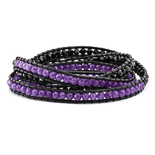 Vivid diamond bangles-Black Crystal And Purple Quartz Leather Multi-Wrap Bead Bracelet