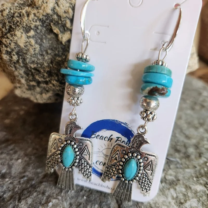 Flat charm earrings-NAVAJO TURQUOISE THUNDERBIRD DANGLE EARRINGS