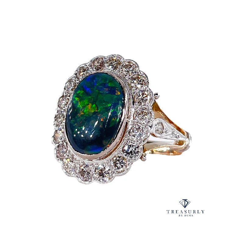 Small star rings-An exquisite 2.25ct Authentic Antique Art Deco Black Opal and Diamond Cluster Cocktail 18K Gold Ring