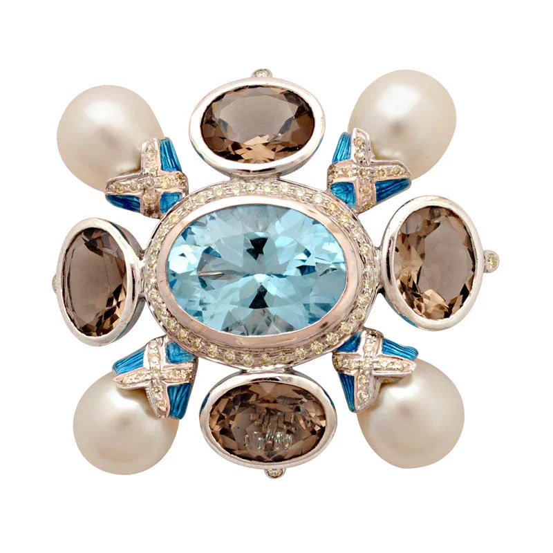 Bold geometric brooch-Brooch-Blue Topaz, Smokey Quartz, South Sea Pearl and Diamond (Enamel)