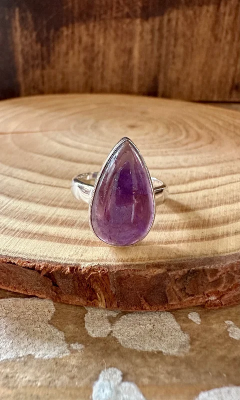 Pink quartz rings-SLIM TEARDROP Amethyst Sterling Silver Ring • Size 7