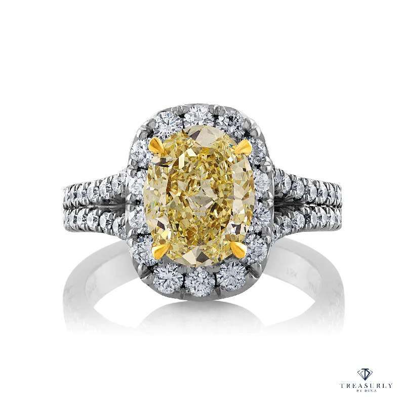 Small stack rings-Estate “Canary” GIA 3.23ct Natural Fancy YELLOW VS1 Oval Diamond 18K Halo Ring