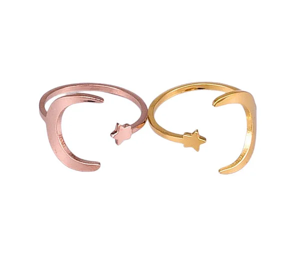 Baroque pearl rings-Gold or Rose Gold Moon & Star Ring