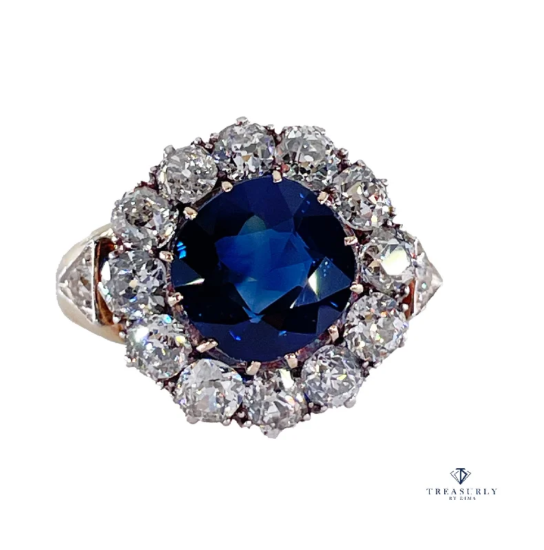 Warm clay rings-Victorian GIA 6.27ct No Heat Cushion Blue Sapphire Diamond Antique Vintage Cluster 18k Gold Ring