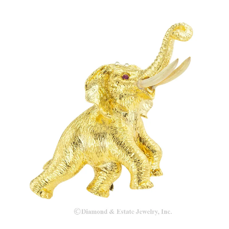 Petal design brooch-Ruby Enamel Yellow Gold Elephant Clip Brooch