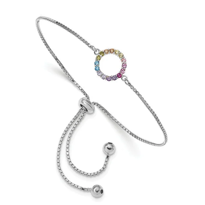 Sapphire stone bangles-Sterling Silver Colorful Rainbow CZ Open Circle Adjustable Bolo Bracelet