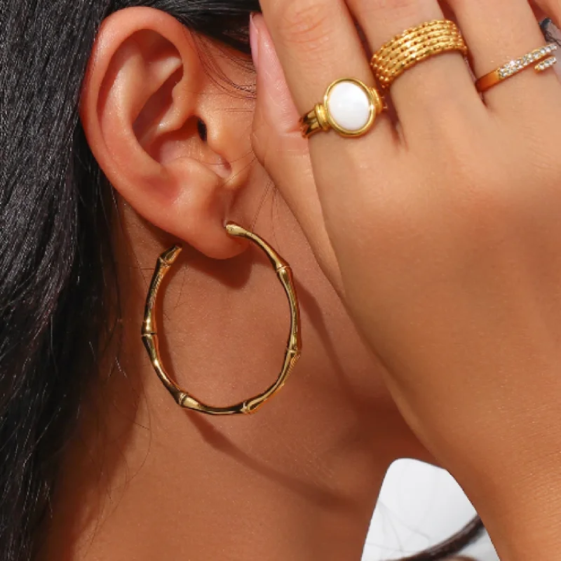 Citrine gem earrings-FESTIVAL HOOPS -  GOLD WATERPROOF BAMBOO HOOP EARRINGS