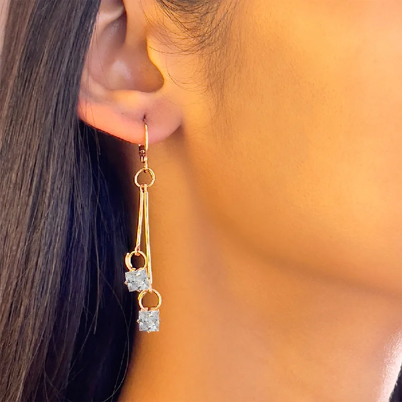 Thick bar earrings-Square White Crystal Diamante Stud Rose Gold-Toned Hoop Drop Earrings