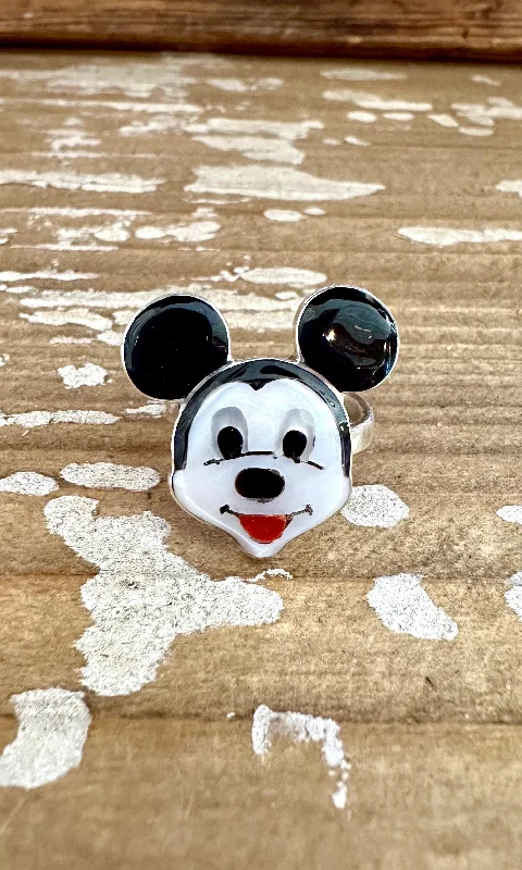 Mixed metal rings-MICKEY MOUSE Zuni Toons Inlay Silver Ring • Adjustable Sizes