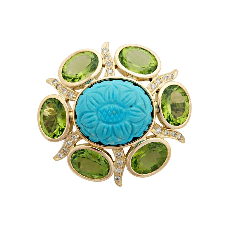 Sleek bar brooch-Brooch-Turquoise, Peridot and Diamond