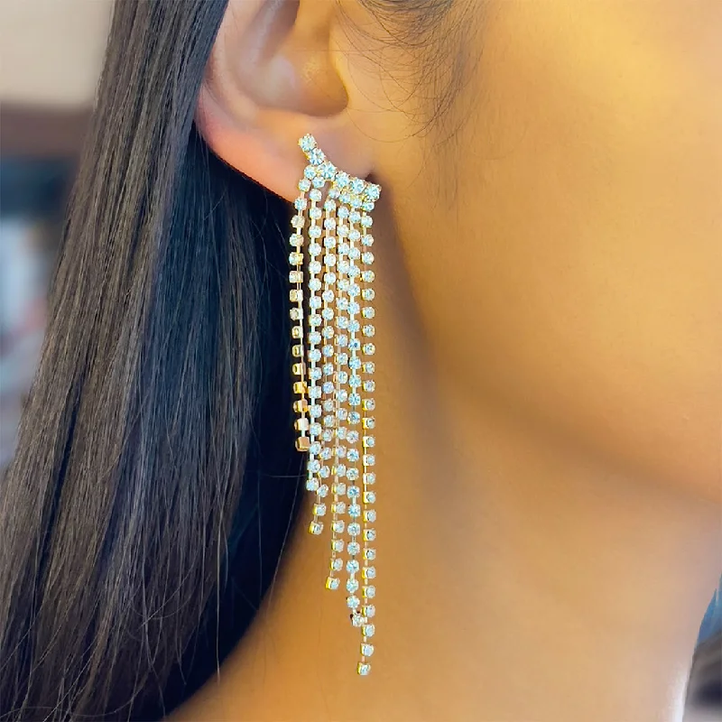 Polished charm earrings-Contemporary White Diamante Crystal Studded Gold-Toned Asymmetric Long Tassel Drop Earrings