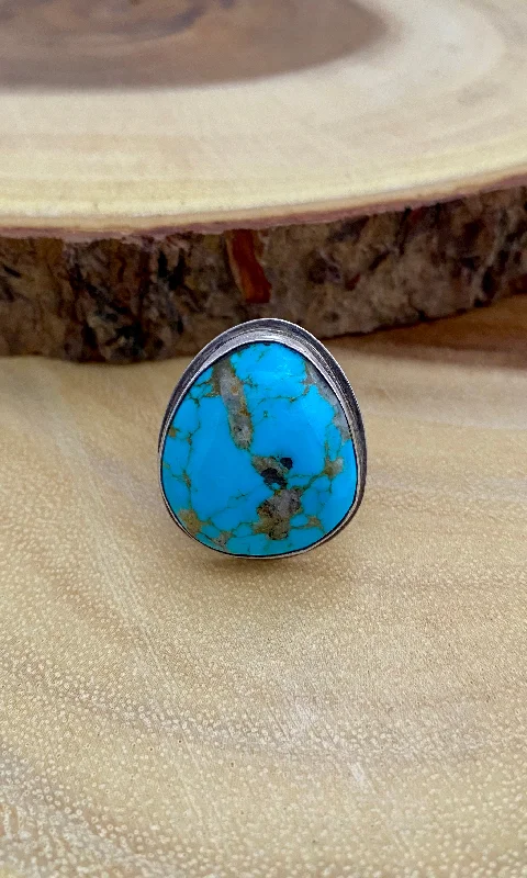 Sculpted cocktail rings-OCEAN BLUE Sterling Silver & Turquoise Ring , Size 10 1/2