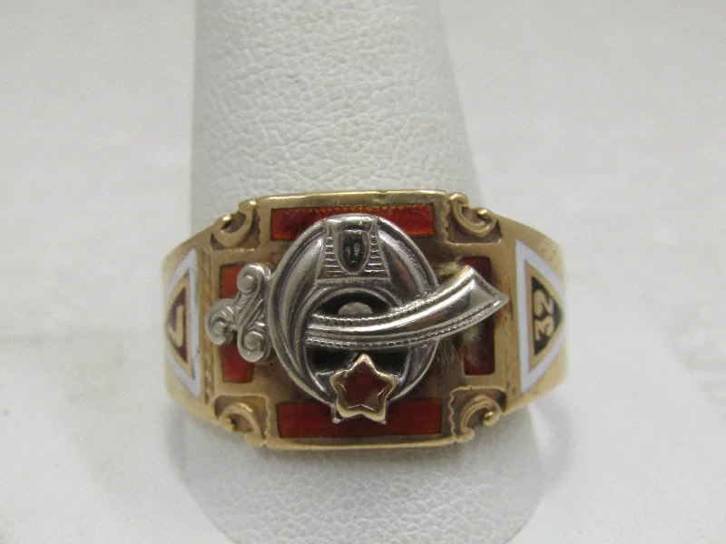 Sculptural cocktail rings-Vintage 10kt Enameled Shriner's Masonic Ring, Sz. 14, Signed