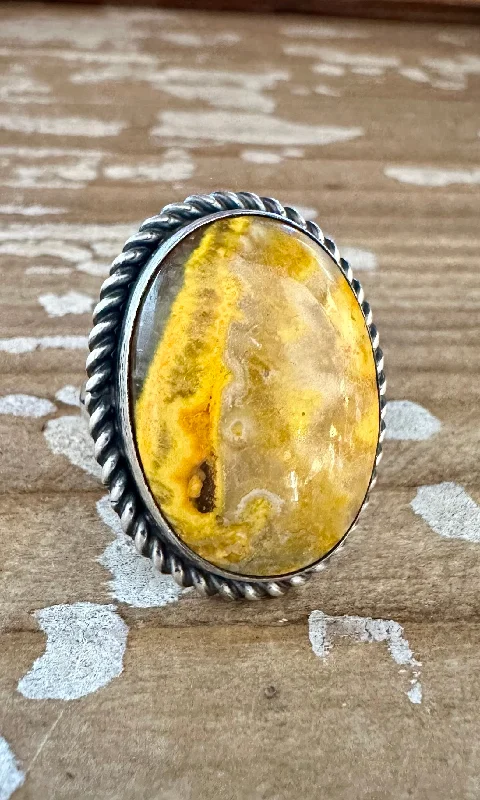 Beaded gem rings-SCOTT SKEETS Navajo Bumblebee Jasper and Sterling Silver Ring • Size 6