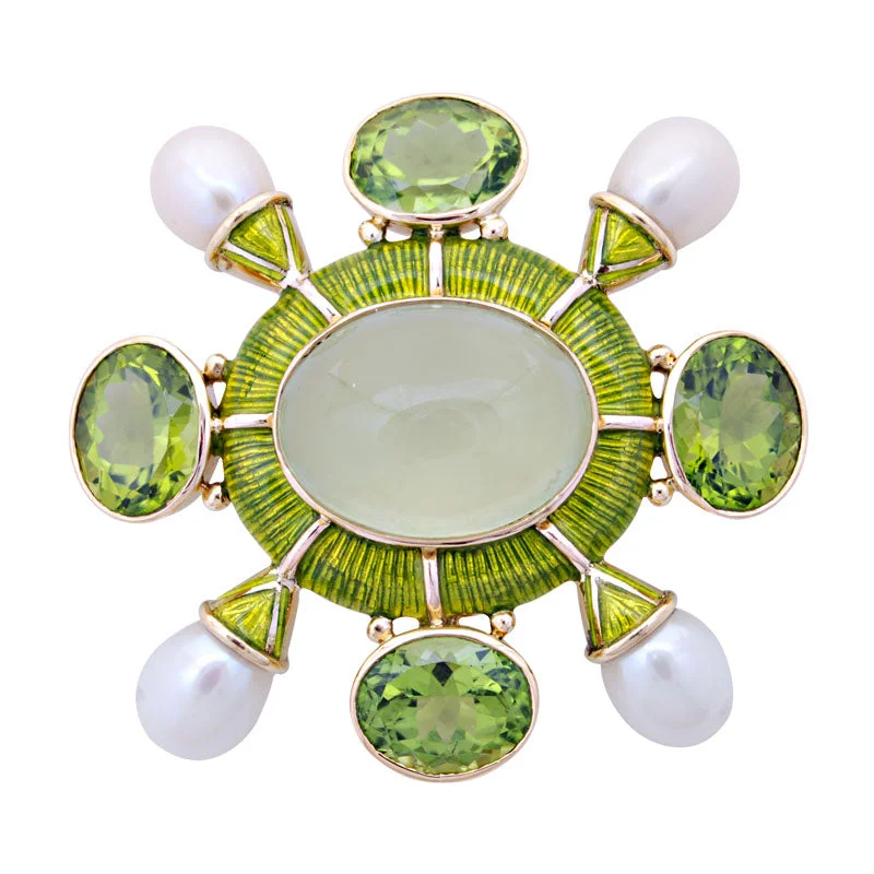 Sculpted gem brooch-Brooch-Prehnite, Peridot and Pearl (Enamel)