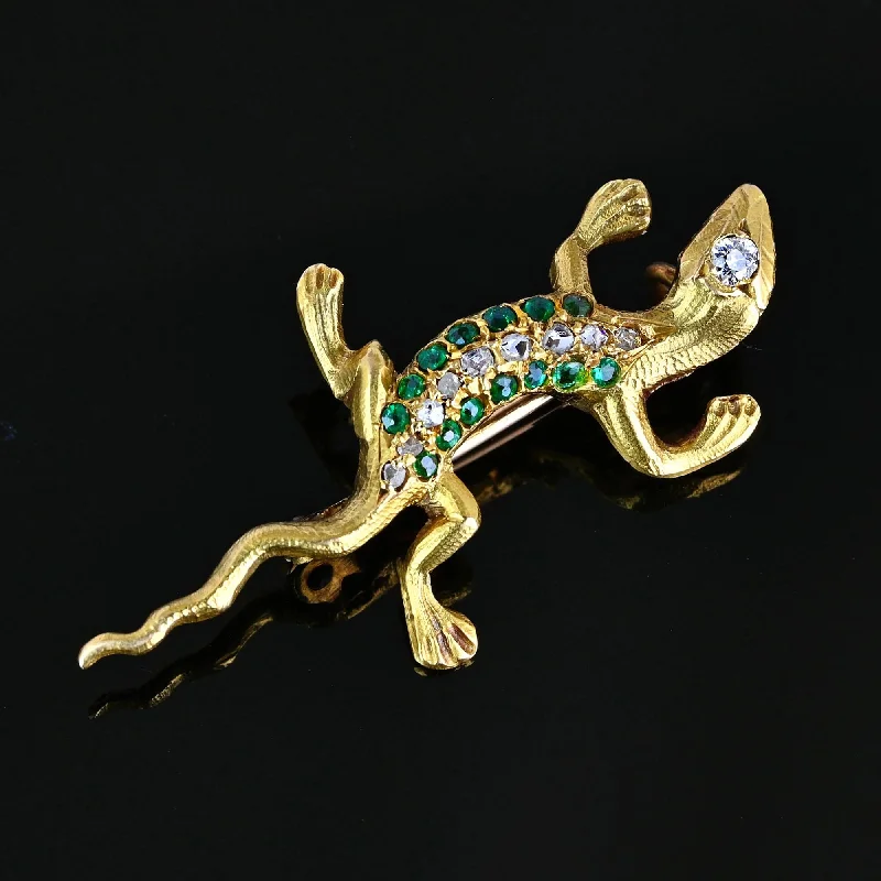 Wide geometric brooch-Antique Emerald & Rose Cut Diamond Salamander Brooch in 14K Gold