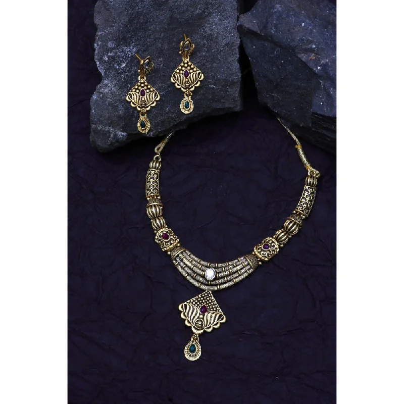 Oval stone necklaces-Bhavi Jewels Gold Plated Pota Stone  Necklace Set