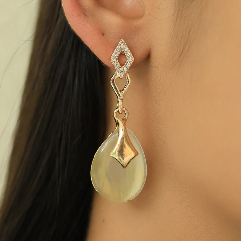 Smooth drop earrings-Elegant Gold-Toned Oval Shape Diamonti Stud Earrings With Moonstone Drops