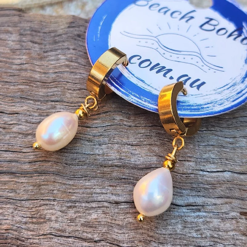 Sleek stud earrings-BAROQUE PEARL HUGGIE - SILVER GOLD & ROSE GOLD -  WATERPROOF EARRINGS