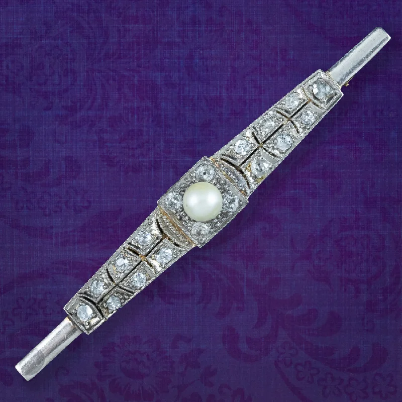 Fine pearl brooch-Antique Art Deco Diamond Pearl Bar Brooch 18ct Gold 1ct Of Diamond