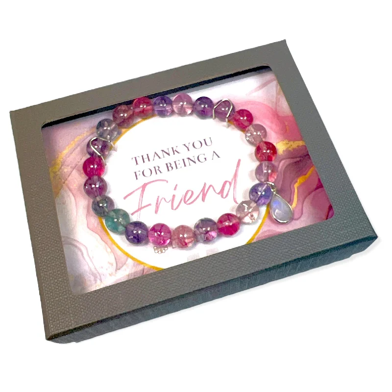 Chunky gem bangles-Colorful Quartz with Moonstone Sterling Silver Charm "Thank You for Being a Friend" Bracelet Gift Box