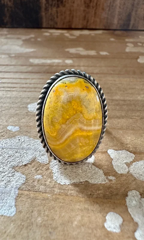 Woven cord rings-SCOTT SKEETS Navajo Bumblebee Jasper and Sterling Silver Ring • Size 7