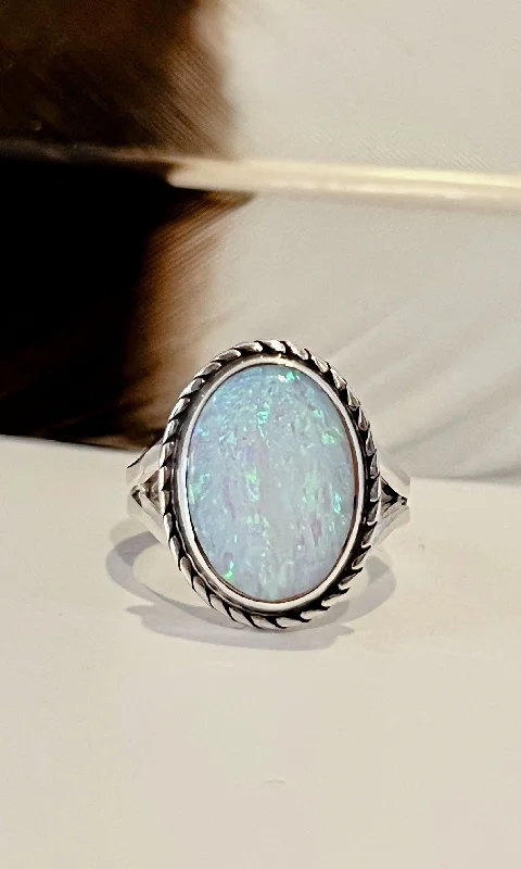 Retro flair rings-WHAT A GEM Sterling Silver and Lab Opal Ring • Size 5 1/2