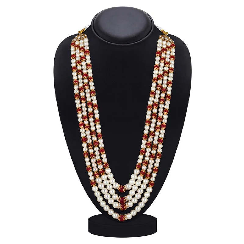 Quartz stone necklaces-Mahi 4 Layers Red and White Artificial Beads Base Groom / Dulha Mala Moti Haar Necklace for Men (ML1108109GRed)