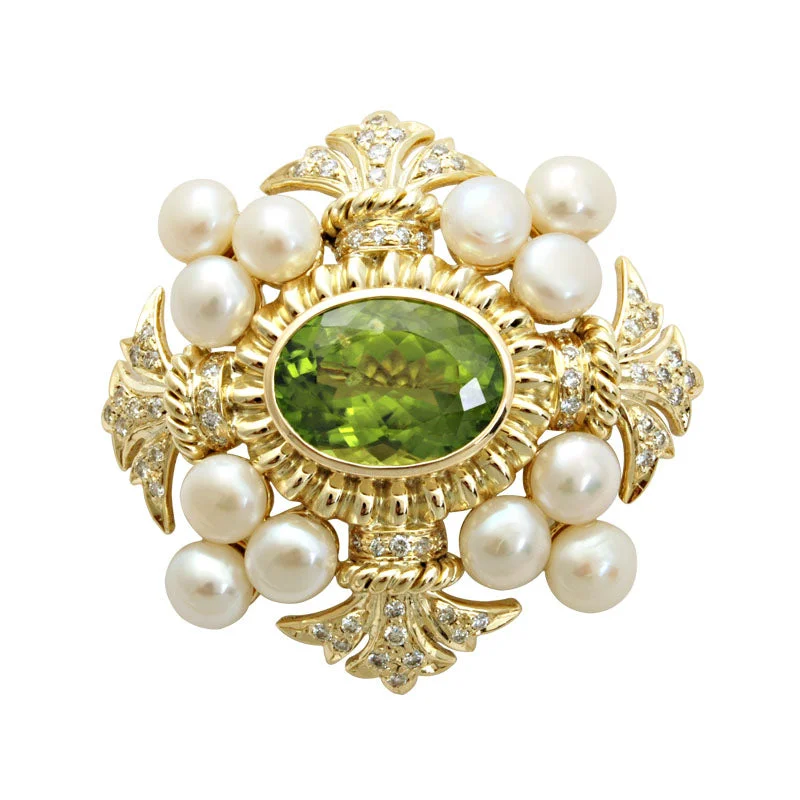 Solid bar brooch-Brooch-Peridot, Pearl and Diamond