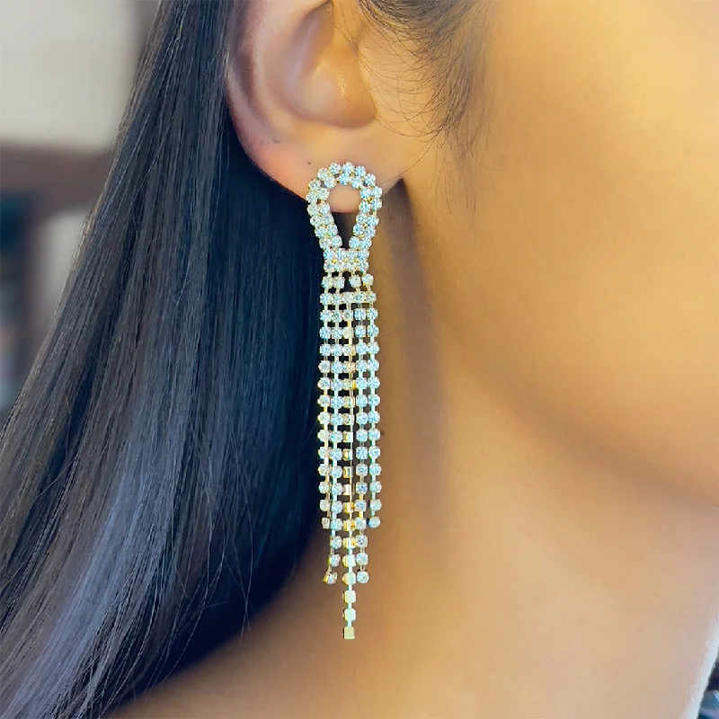 Astro motif earrings-Contemporary White Diamante Crystal Studded Gold-Toned Long Tassel Drop Earrings