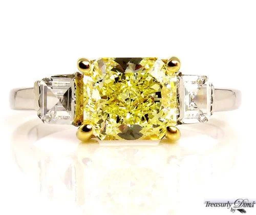 Agate gem rings-GIA 2.52CT ESTATE FANCY YELLOW RADIANT DIAMOND ENGAGEMENT WEDDING RING 3 STONE