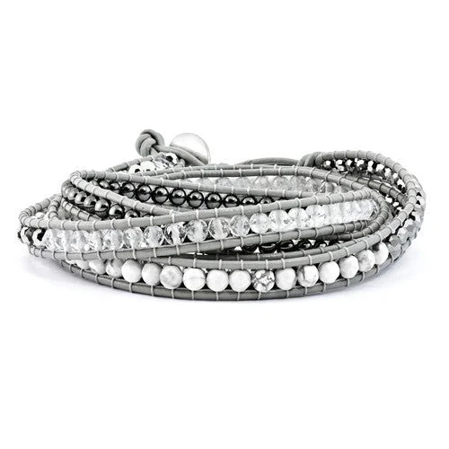 Braided silk bangles-Crystal, Hematite & White Howlite Bead Leather Multi-Wrap Bead Bracelet